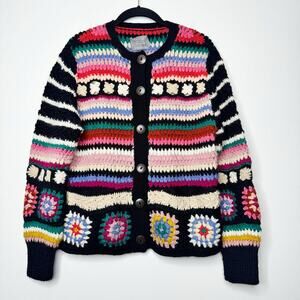 Sundance French Knot Wool Cardigan Boho Crochet Granny Square Large